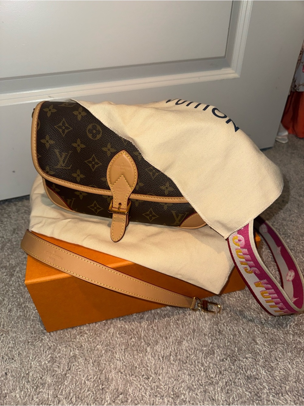 Louis Vuitton Brown Monogram Canvas Shoulder Bag with Pink Strap
